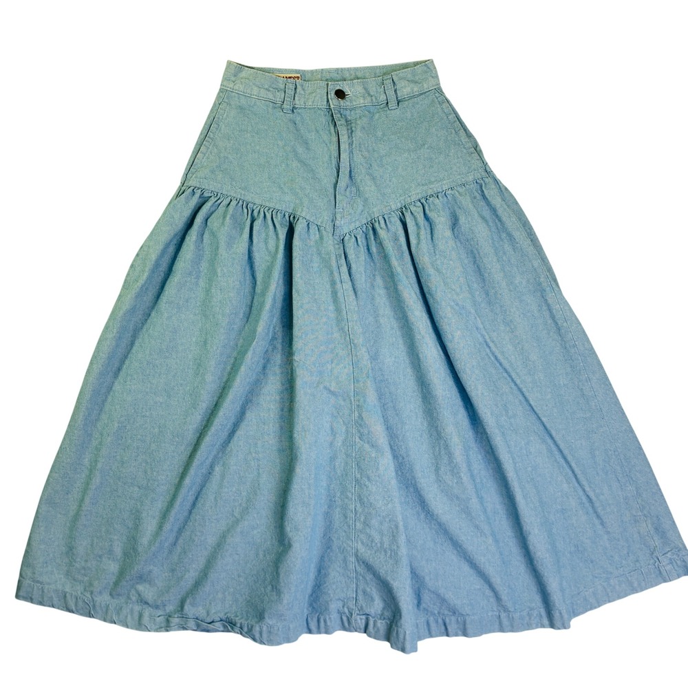 Sierra West Vintage Denim Midi Skirt 24 Blue Western Yoke Cotton USA Made